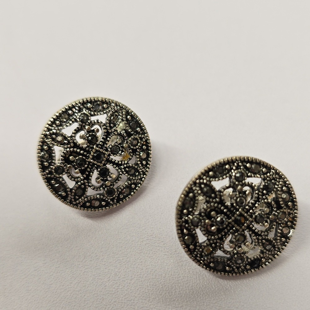 Vintage Round Filigree Marcasite‎ Clip On Earrings Silver Tone Art Deco Style